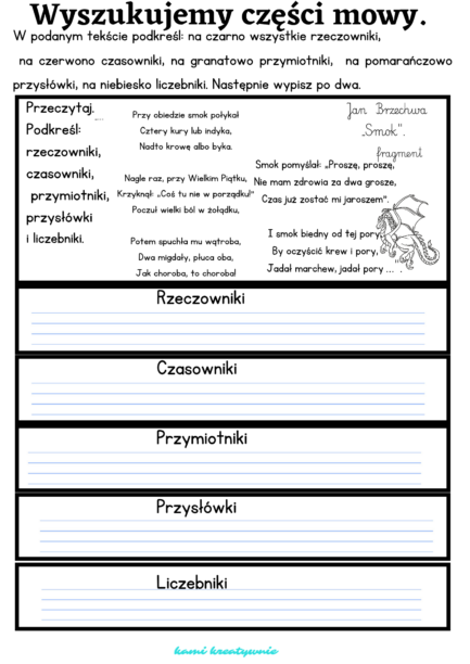 Wyszukiwanie części mowy- karty pracy